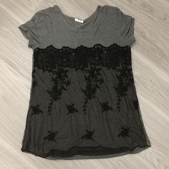 Maurices Tops - Maurices Grey Tee with Black Lace Overlay